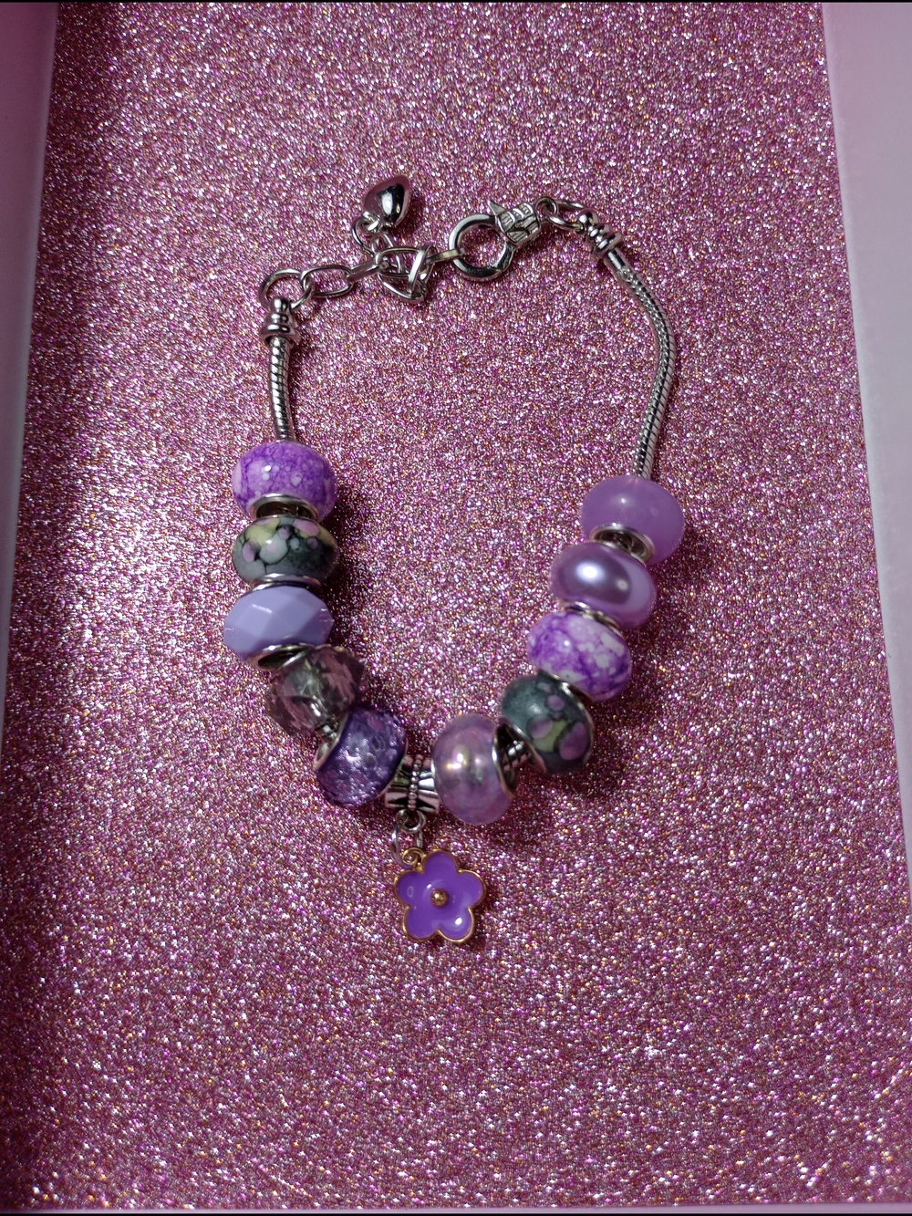 Pandora Style Silver-tone Purple Bead Charm Bracelet with Flower Dangle